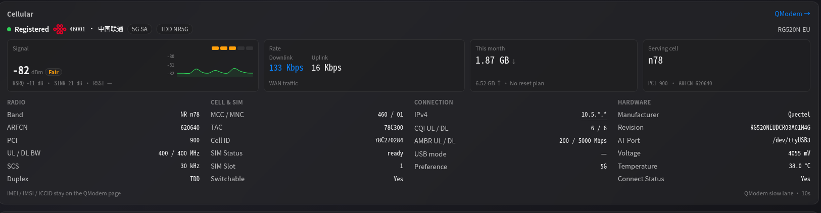 H5000M cellular card: 5G SA signal, rates, serving cell, and SIM information